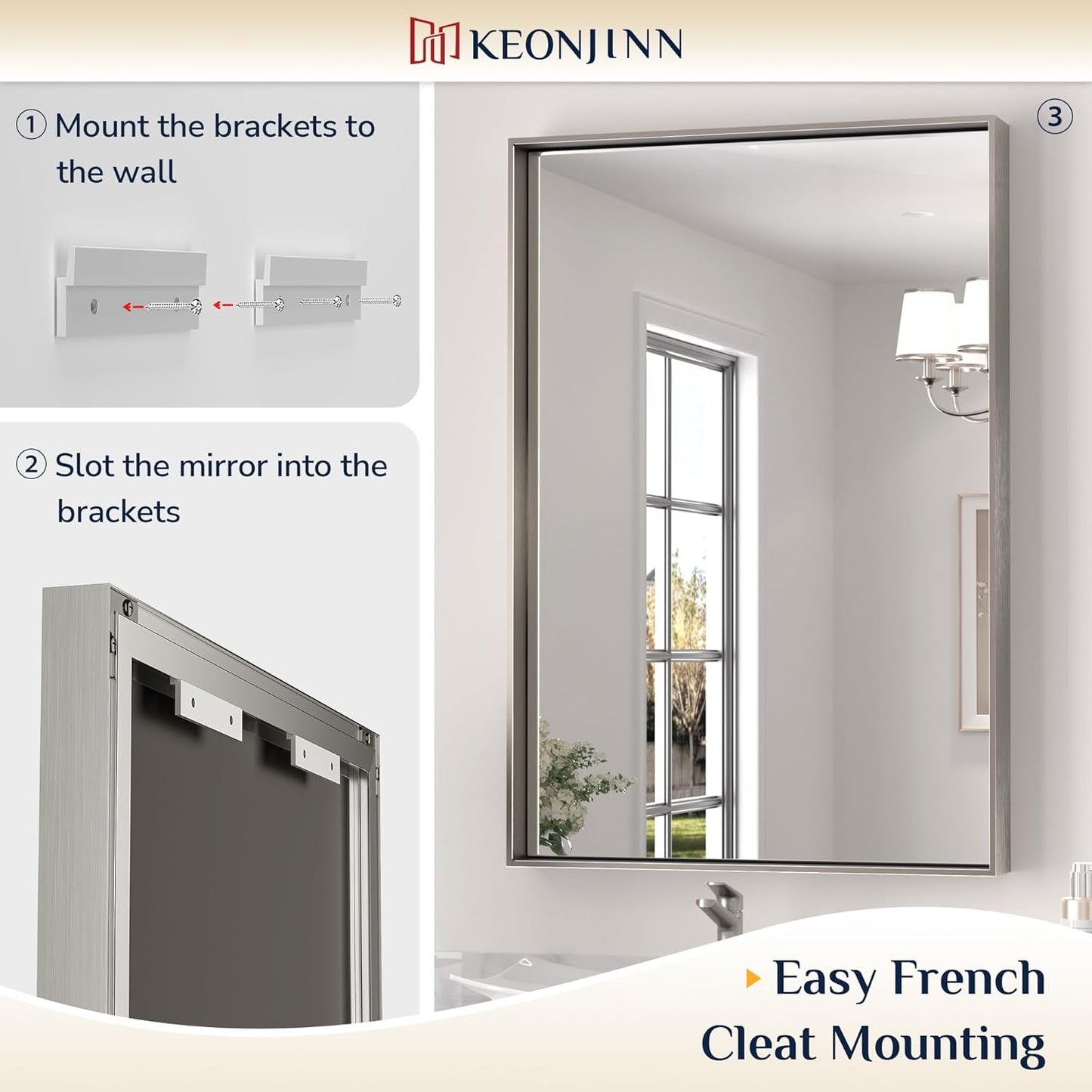 Keonjinn 72 x 36 in Brushed Nickel Mirror for Bathroom Sink, Rectangular Metal Framed Vanity Wall Mirror Square Corner Aluminum Alloy Modern Rectangle Silver Mirror for Over Sink(Horizontal/Vertical)