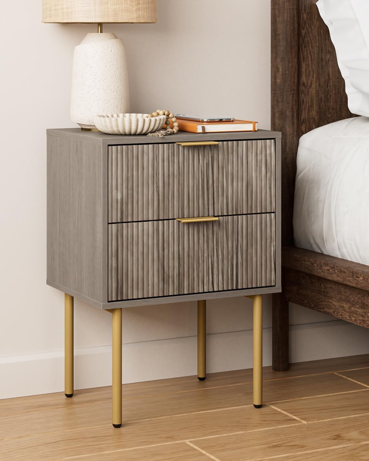Nightstand,Small Bedside Table with Gold Frame,Morden Night Stand with 2 Drawer,End Table,Side Table with Drawer and Shelf for Bedroom,Living Room (Grey-2Drawer)
