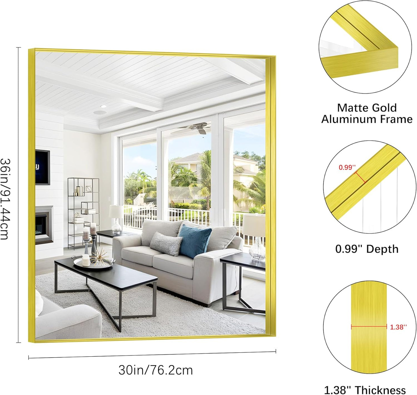 Gold Bathroom Mirror, 30x36 Inch Rectangular Framed Mirror, Large Wall Mounted Bathroom Vanity Mirror Over Sink for Bedroom,Restroom, Living Room, Hangs Vertically or Horizontally