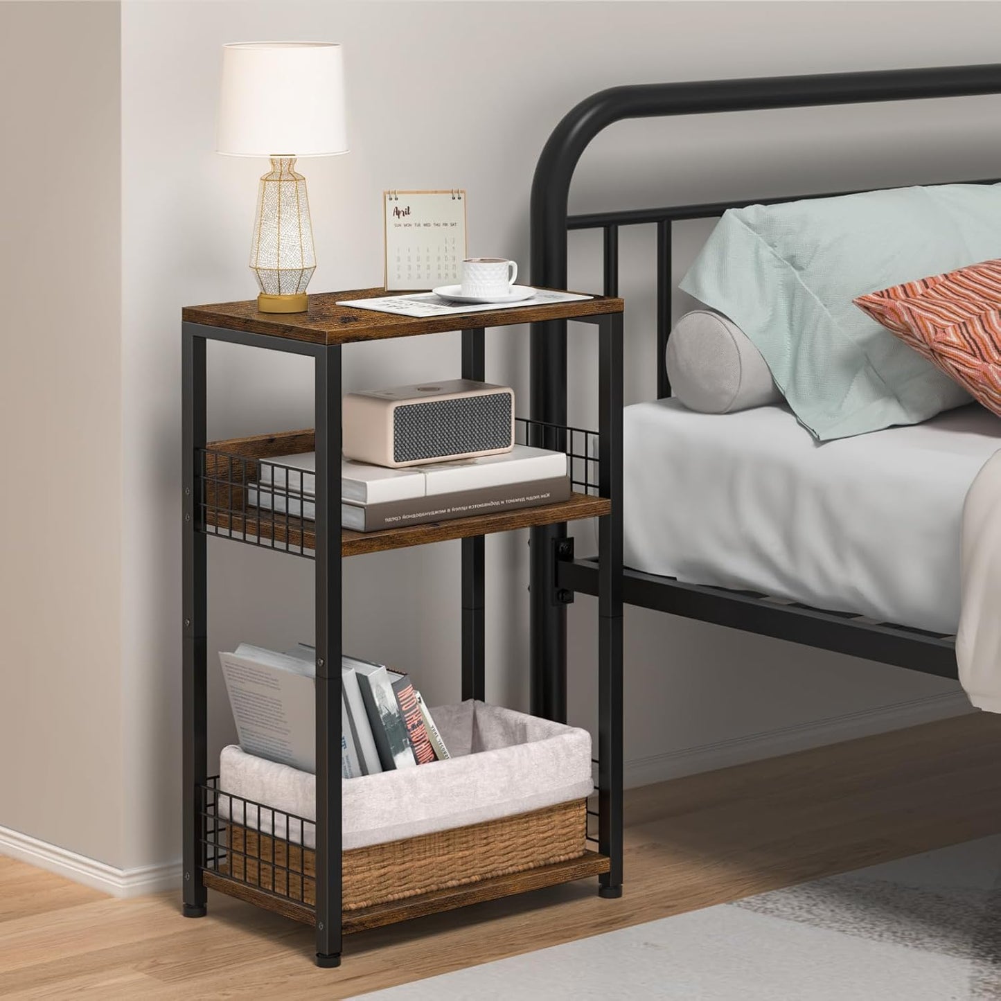 LELELINKY End Table with Storage, Brown Nightstand for Small Spaces,3 Tier Record Player Stand with Vinyl Storage Shelf, Sofa Couch Side Tables for Living Room Bedroom