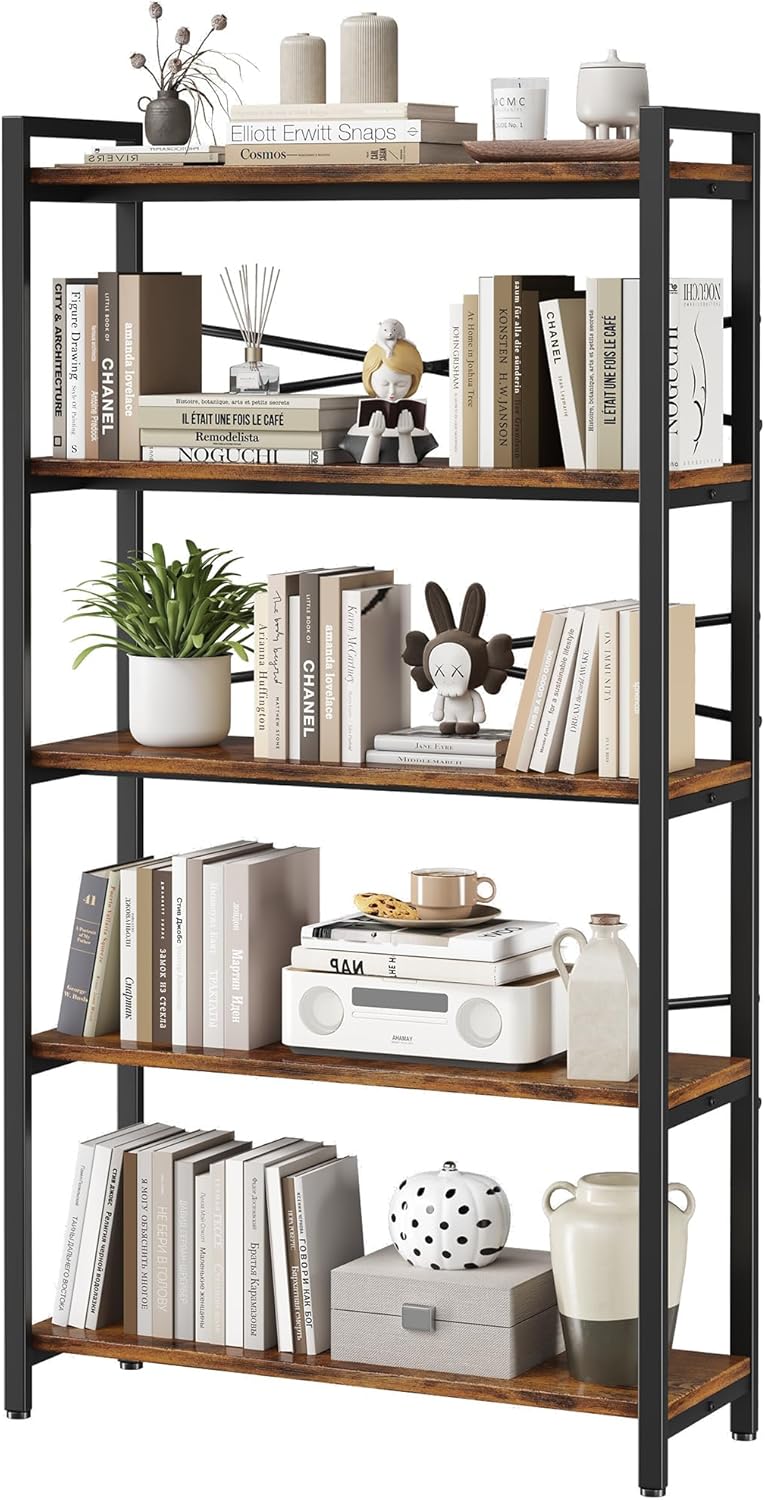 5 Tier Bookshelf 31.49" Width, Book Organizers and Storage, Wood and Metal Tall Bookcase, Rustic Book Shelf Organization and Storage for Home Living Room Bedroom Office Storage(Rustic Brown)