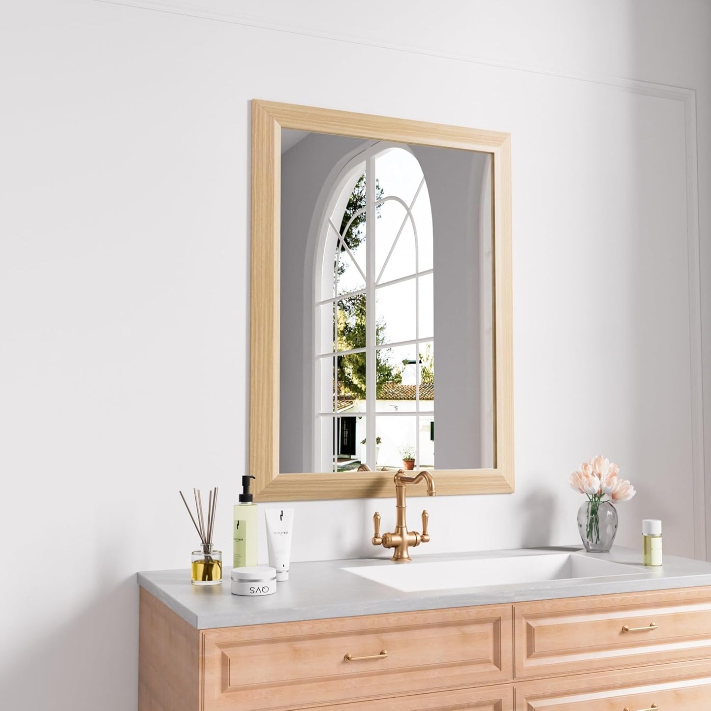 Amorho 24x32 Inch Bathroom Mirror for Wall, Oak Wood Grain Metal Framed Mirror, Anti-Rust, Hang Horizontally/Vertically, Suitable for Bedroom, Farmhouse, Bathroom, Decorative