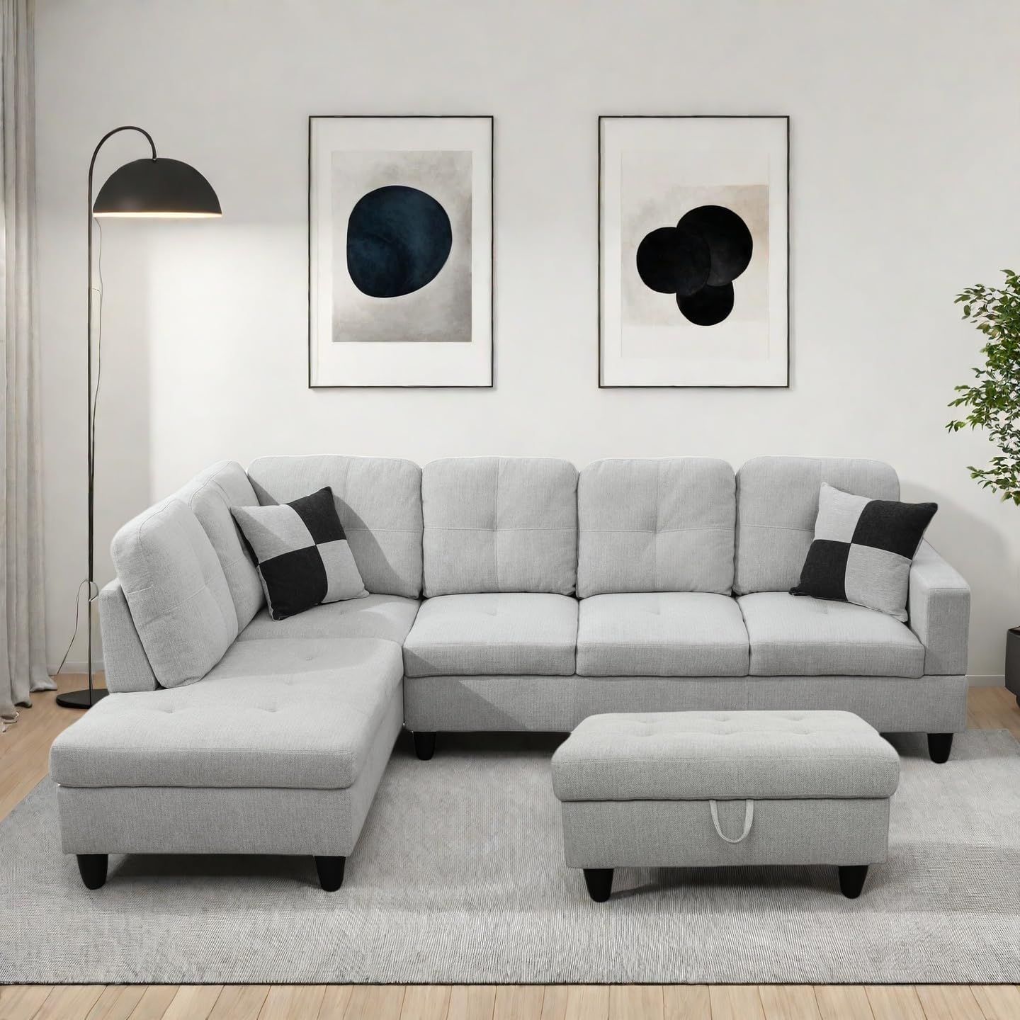 Modern Living Room Furniture Sets with Pillows, Modular Sectional Couches with Chaise Lounge, 4-Seaters L Shape Sofa with Storage Ottoman, for Living Room, Light Grey