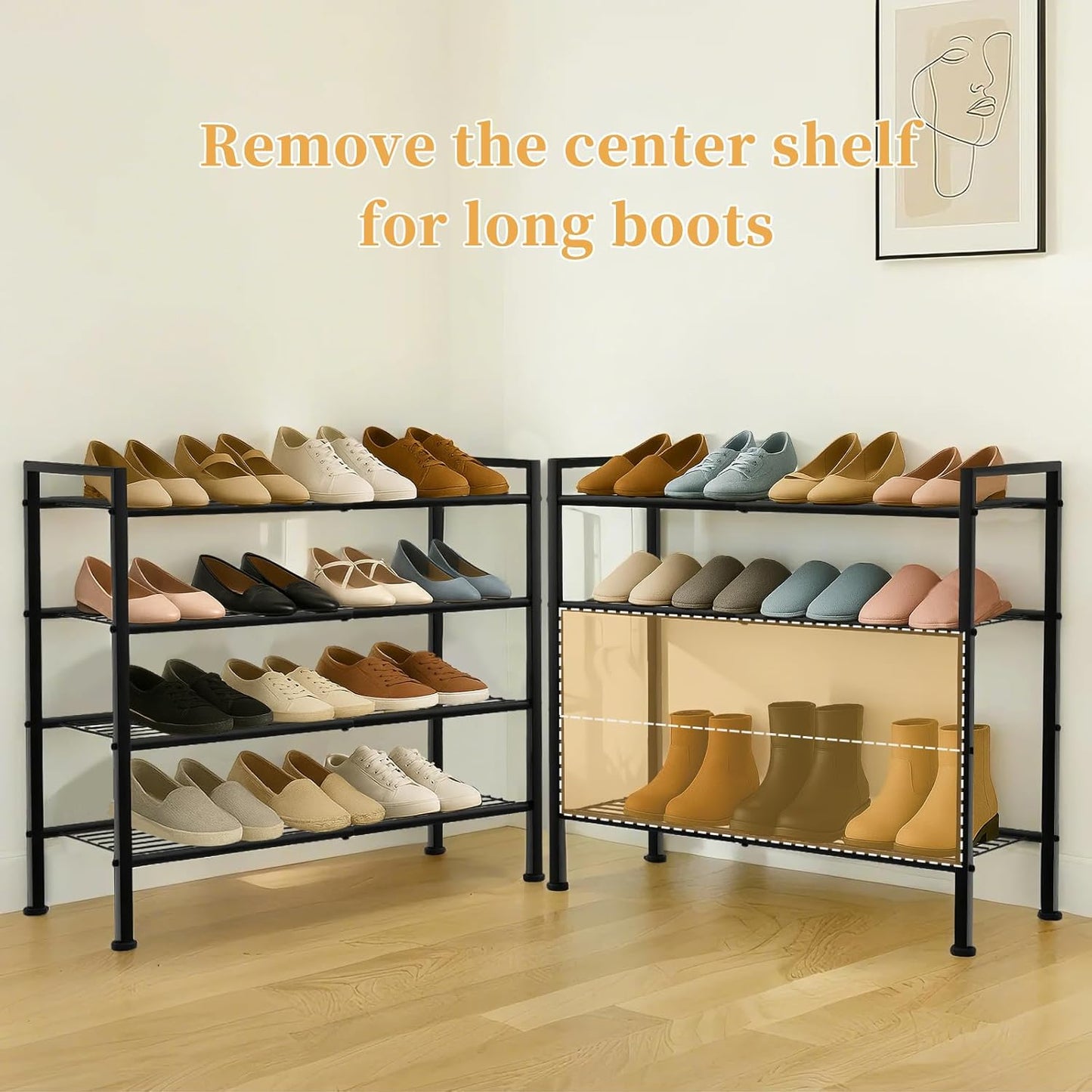 Simple 4 Tier Shoe Rack,Metal Stackable Shoe Storage Organizer for Closet,Entryway, Bedroom, Black (Black, 4-Tier)