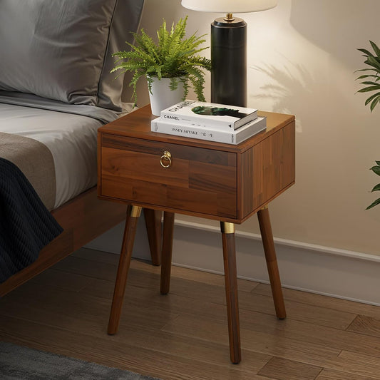 Bme Alden Solid Wood Nightstand/Side Table/End Table, Fully Assembled, with 1-Drawer for Mid Century Bedroom and Living Room, (12mm), Dark Chocolate