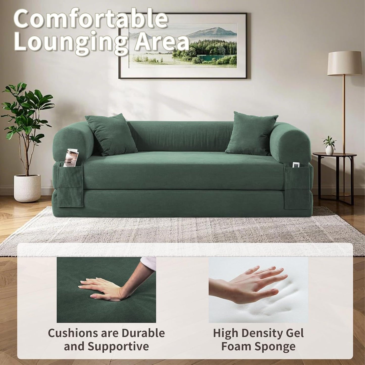 80" Convertible Sofa Bed, 3-in-1 Corduroy Folding Pull Out Couch with Pillows, No Assembly Modern Boneless Couch Compression Sofa in Box, Floor Sofa with Side Storage for Living Room,Light Green