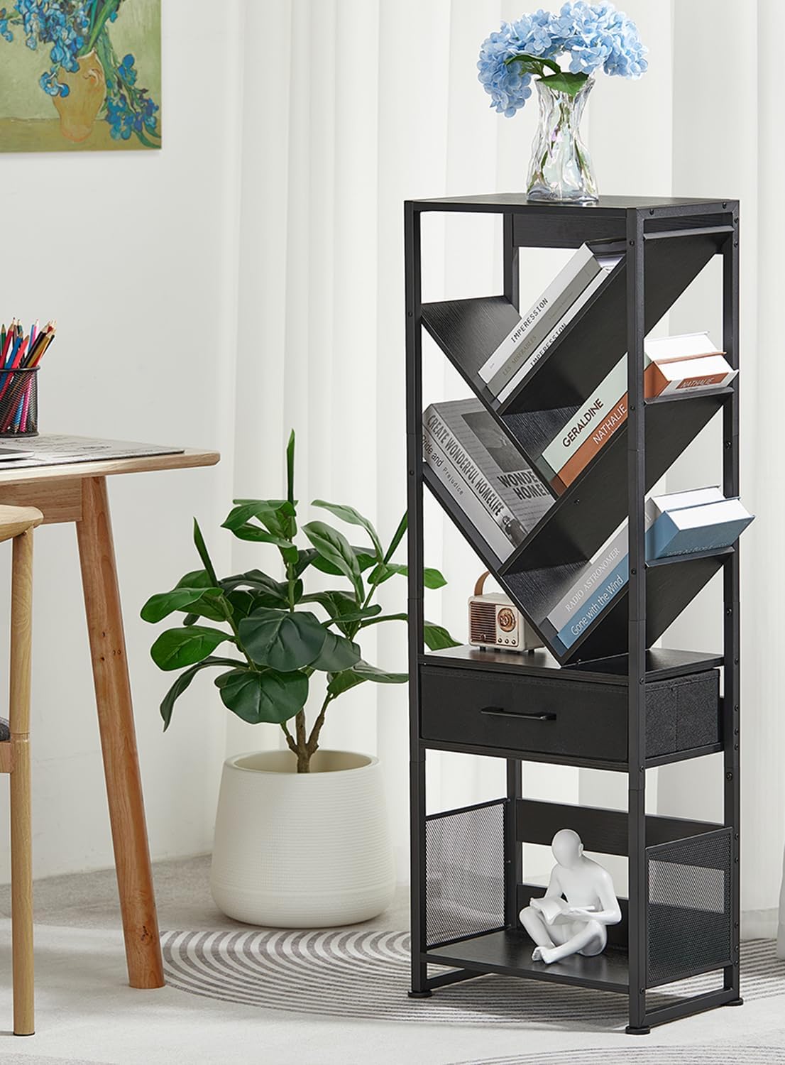 Bookshelf with Drawer,8 Tier Tree Bookcase Retro Floor Standing Bookshelves,Tall Wood Bookcases with Cabinet Storage Organizer for Living Room, Bedroom & Home Office, Black