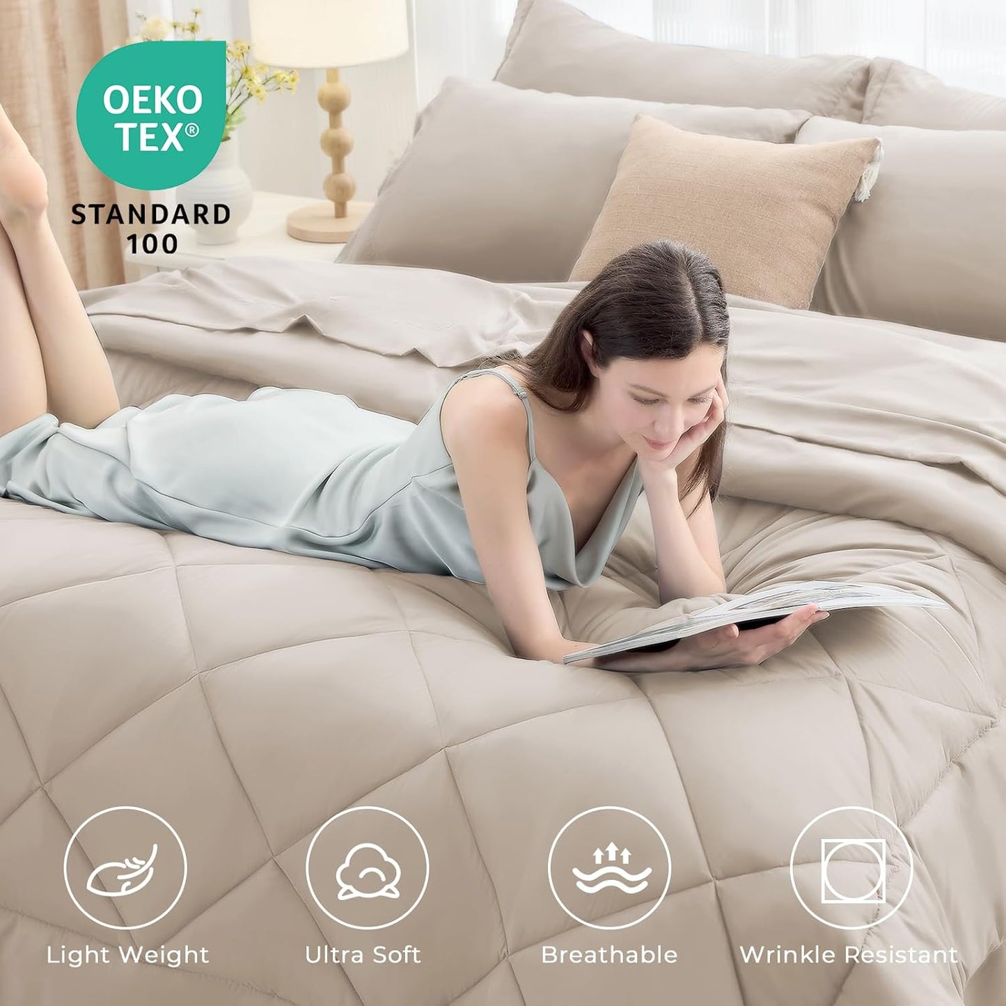 HEVUMYI Khaki Full Comforter Set - 7-Piece All Season Bed in a Bag Full, Ultra Soft Bedding Set with Comforter, Flat Sheet, Fitted Sheet, Pillowcases, Pillow Shams