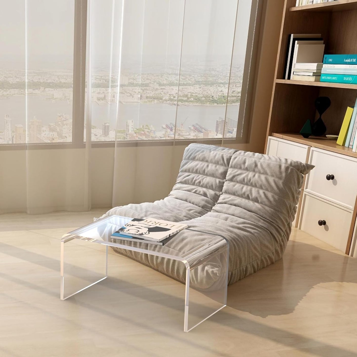 Acrylic Side Table, 24" L x 15" W x12'' H x3/5'' Thick C-Shape Clear Modern Decorative End Table, Multipurpose Coffee Table for Living Room, Bedroom and Office (1pcs)