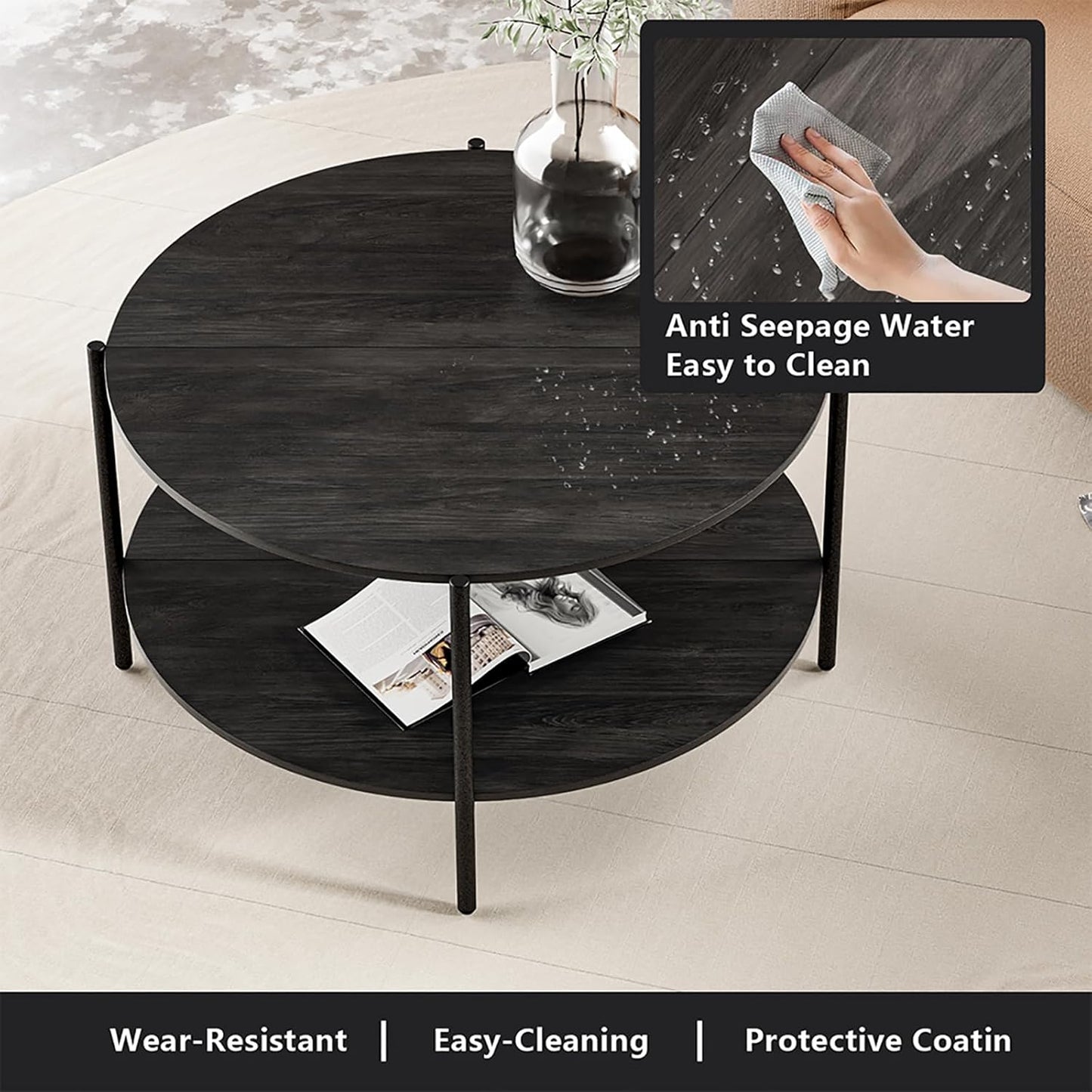 Round Coffee Table, 2-Tier 32.9" Circle Coffee Tables with Storage Wood Rustic Farmhouse Center Circular Coffee Table for Living Room Bedroom Balcony Office - Grey