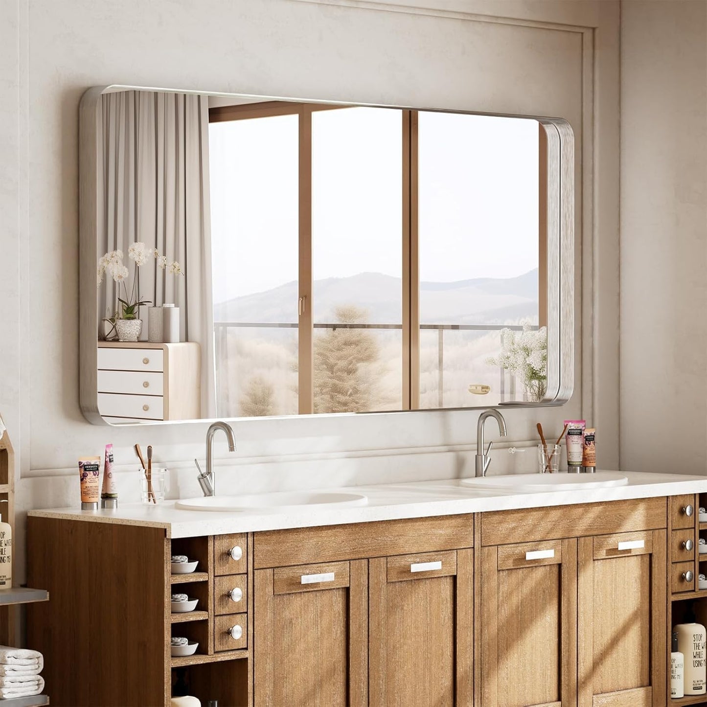 Bathroom Mirror 30x48 inch, Silver Gorgeous Deep Frame Wall Mirror, Modern Round Corner Bathroom Vanity Mirror for Bedroom, Living Room, Hanging or Leaning Horizontal or Vertical, Silver