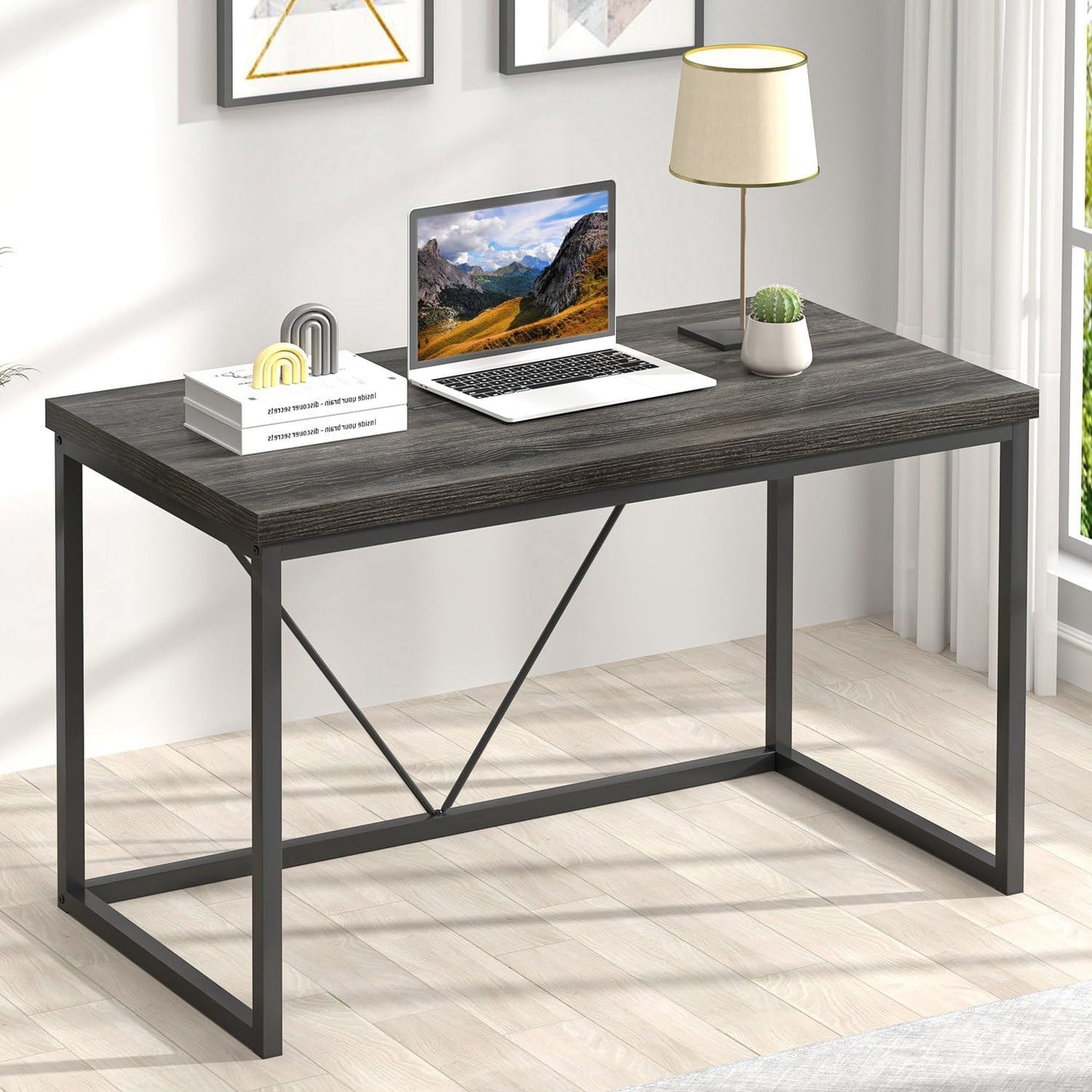 FOLUBAN Home Office Desk, Industrial Vintage Computer Desks, Rustic Wood and Metal Study Writing Table, Simple Work Gaming PC Desk for Bedroom Living Room, Dark Gray 47 Inch