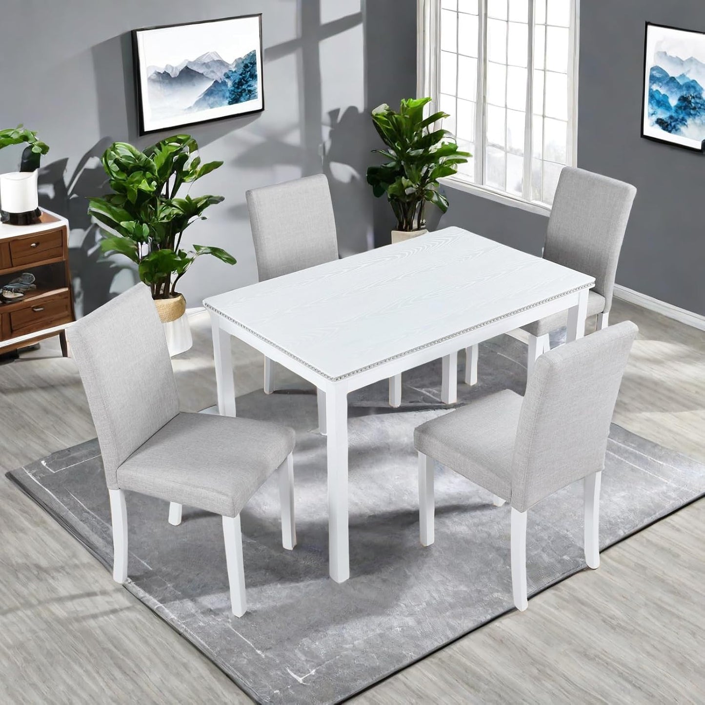 Dining Table Set, 5 Piece Counter Height Table Set with Rectangular Table and 4 Upholstered Chairs, Wooden Dinner Set with Crystal Decoration, Dining Chair with Footrest, Beige&White