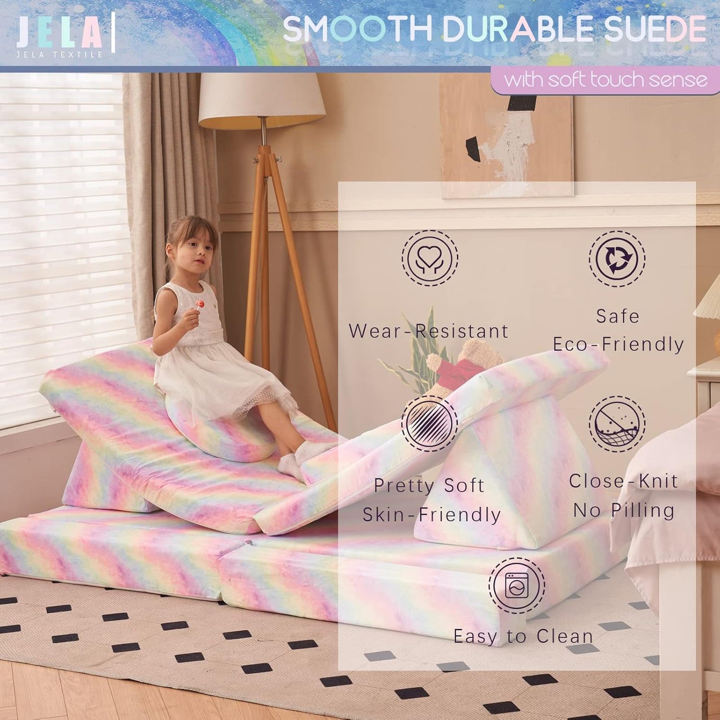 jela Kids Play Couch Castle Extended Size 10PCS with futons, Floor Sofa Modular Furniture for Kids and Adults, Foam Play Couch, Modular Play Sofa Set（Rainbow）