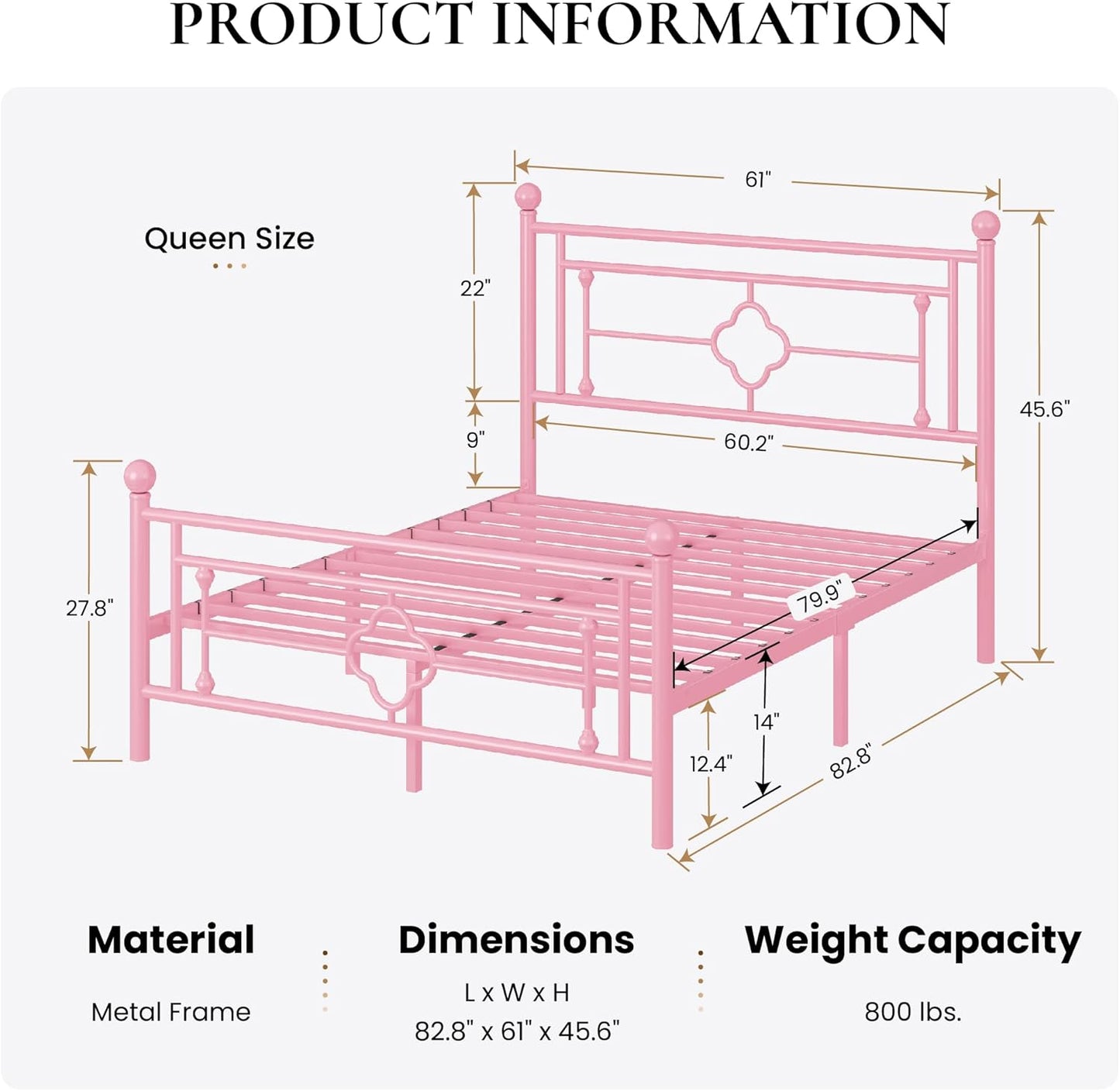 SHA CERLIN 14 Inches Queen Size Metal Platform Bed Frame/Vintage Iron-Art Headboard and Footboard/Mattress Foundation for Storage/No Box Spring Needed/Noise-Free/Easy Assembly/Pink