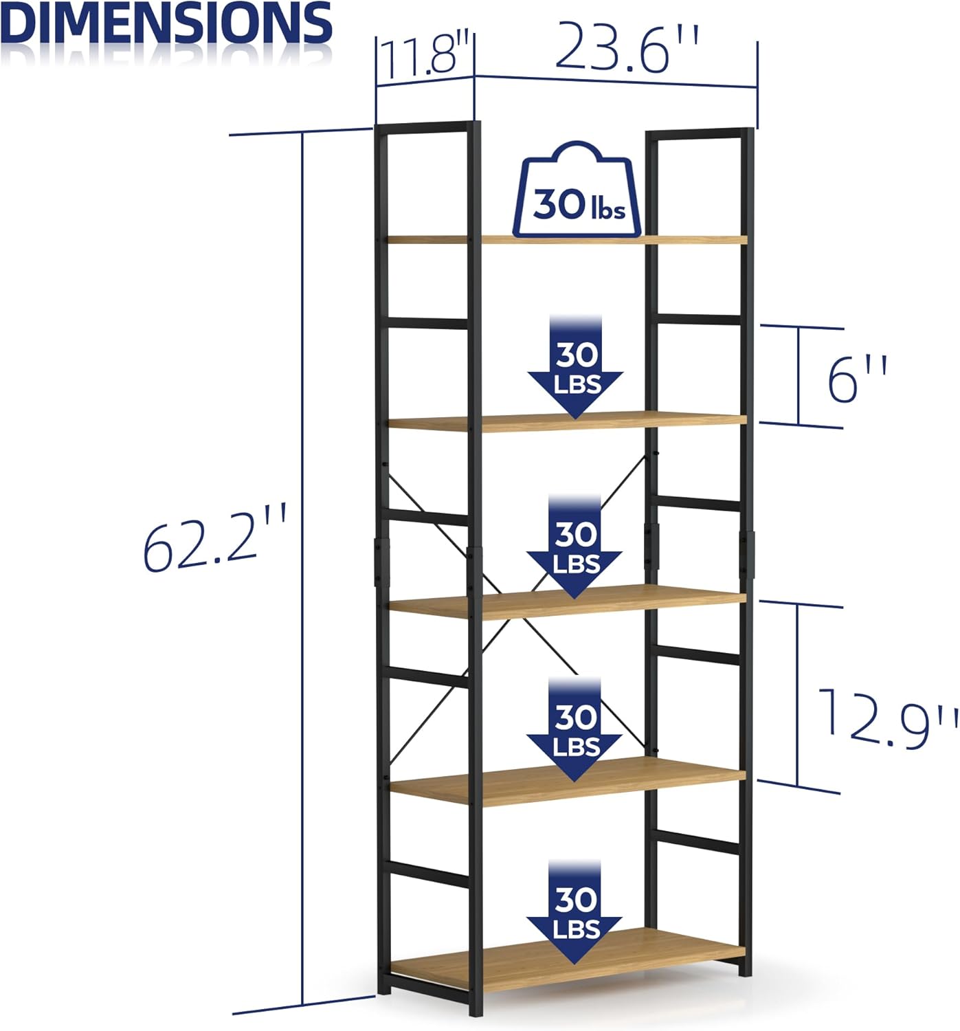 NUMENN 5 Tier Bookshelf, Tall Bookcase Shelf Storage Organizer, Modern Book Shelf for Bedroom, Living Room and Home Office, Natural