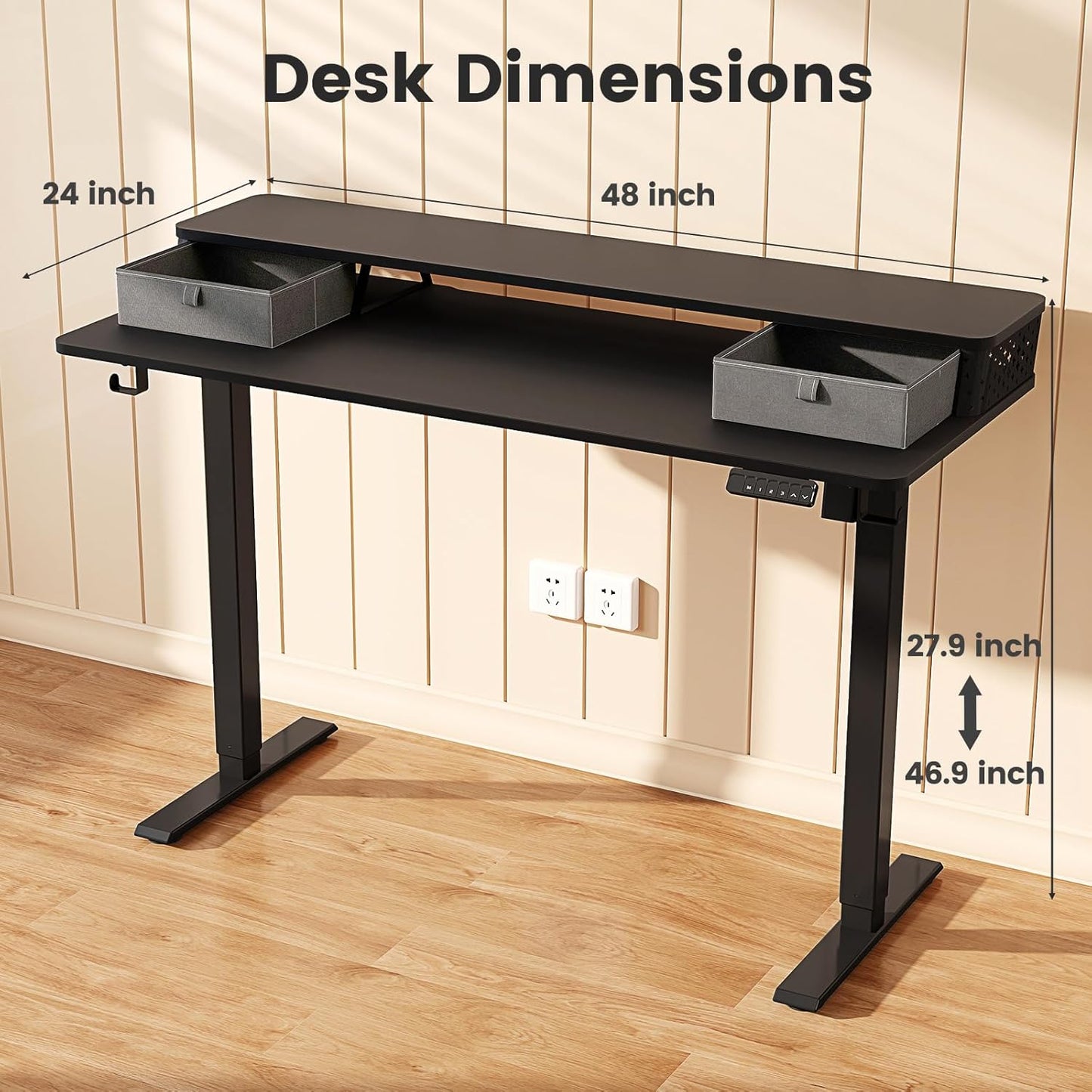 Standing Desk with Drawers and Brushless Motor,Electric Height Adjustable Desk for Walking Pad,Ergonomic Stand Up Desk for Home Office & Gaming,3 Memory Height Preset & Hooks(48" x 24",Black)