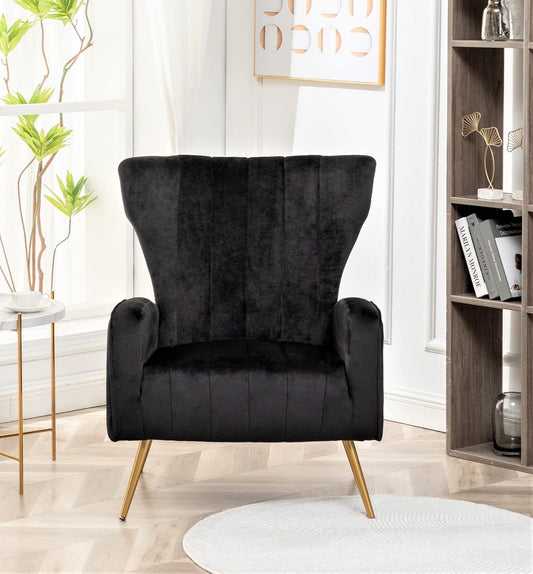 Container Furniture Direct Modern Velvet Accent Chair, Channel Tufted Bedroom, Office or Living Room Furniture with Elegant Metal Legs, 26" Wide Armchair, Black