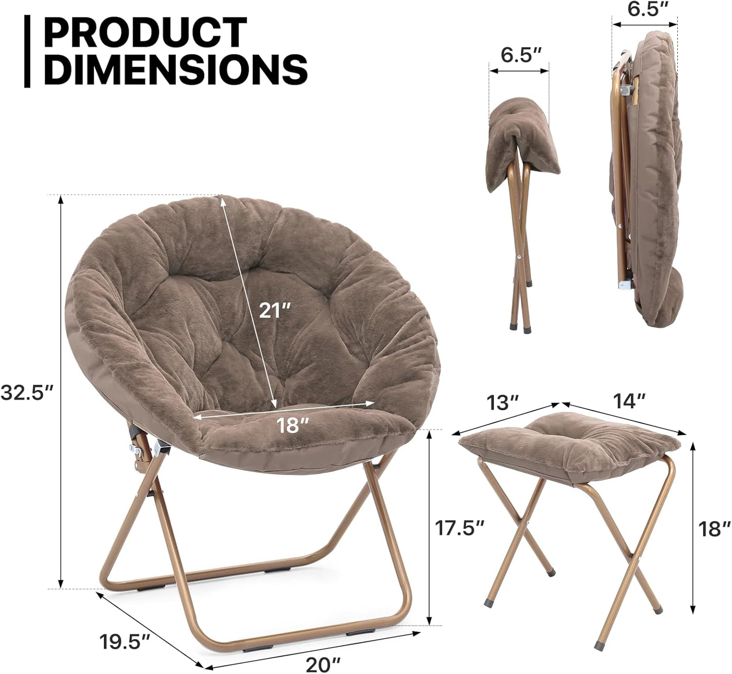 MoNiBloom Round Folding Faux Fur Saucer Chair for Bedroom Living Room Dorm Foldable Metal Frame Oversized Large Comfy Furry Padded Soft Cozy Moon Chair with Footrest Ottoman for Adults (Beige)