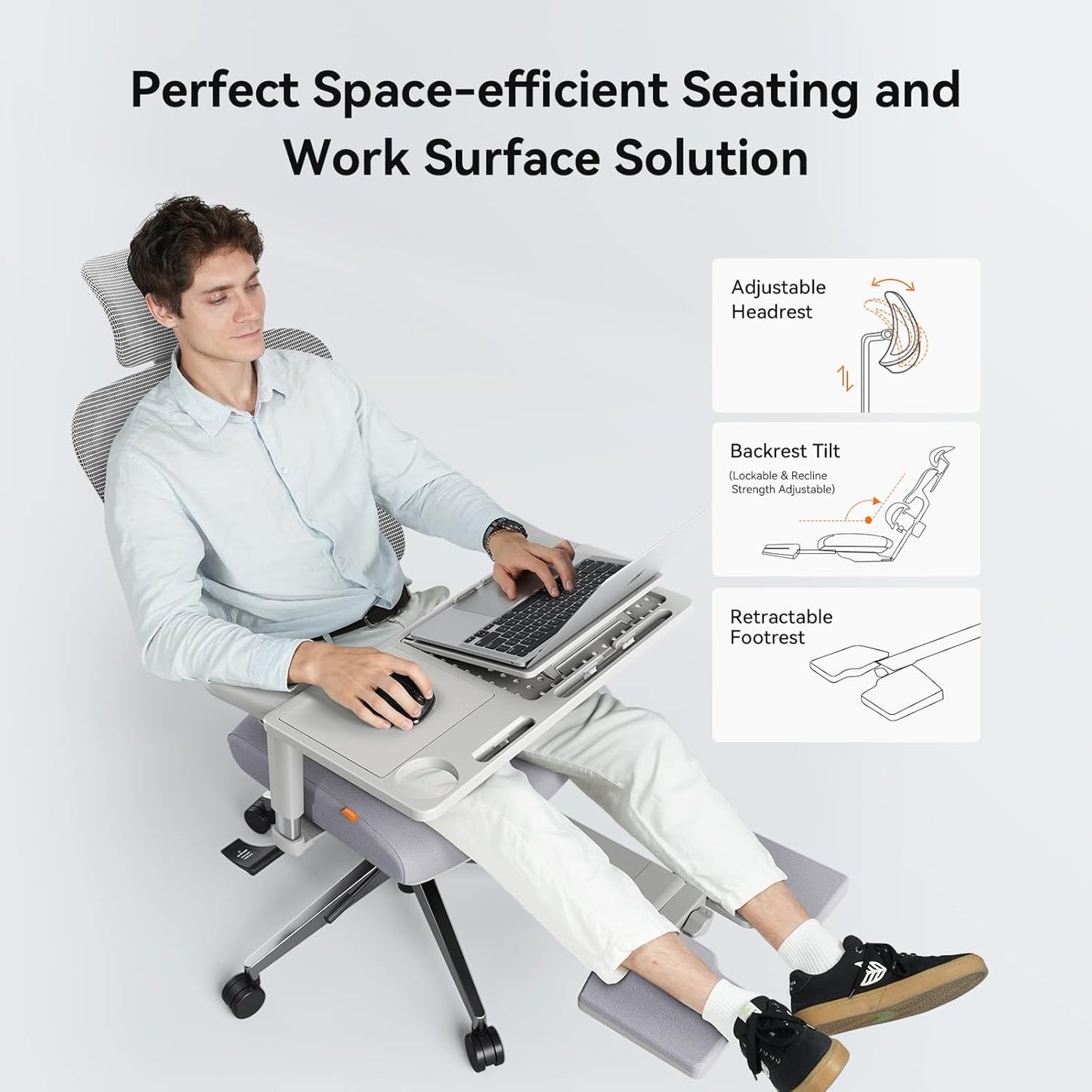 Newtral Office Chair Ergonomic - Home Office Desk Chair, Big and Tall Office Chair, Auto-Following Lumbar Support, 4D Armrest, Adjustable Seat Depth and Heigt (with Footrest + Laptop Tray, Gray)