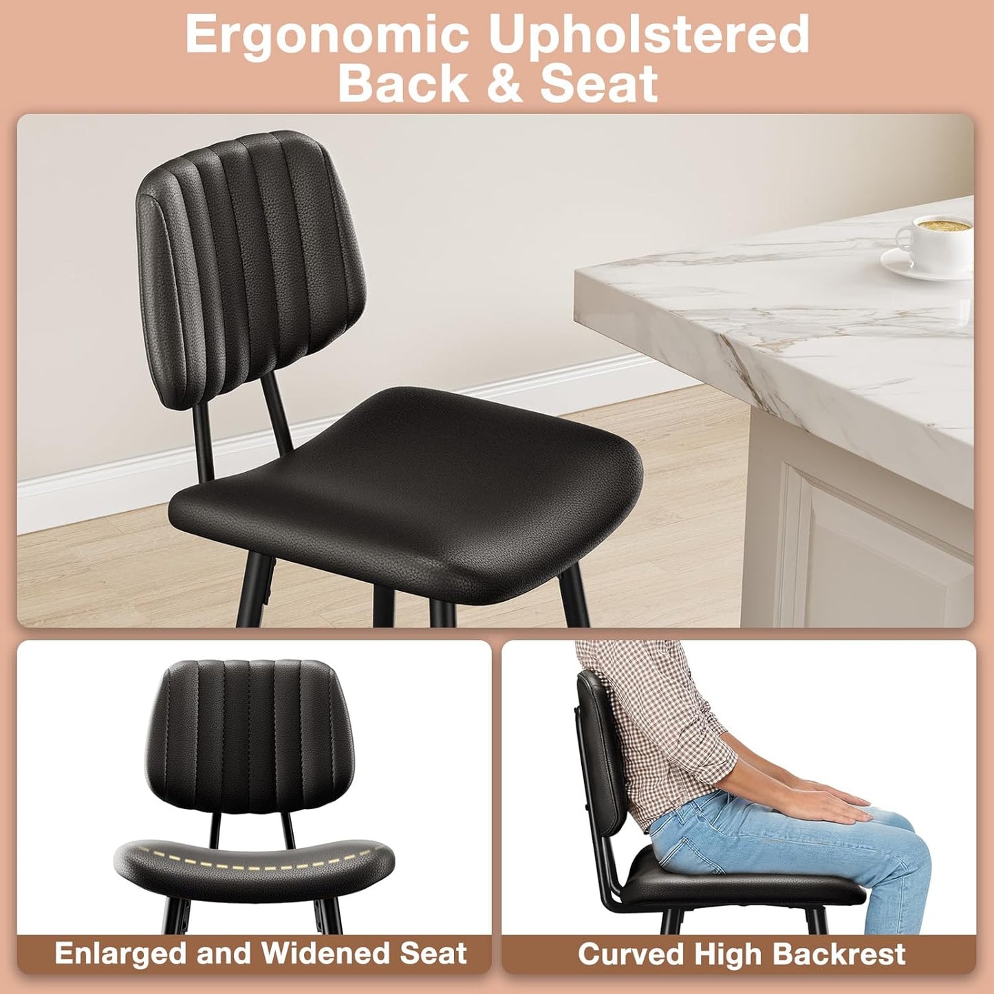 24-Inch Leather Bar Stools Set of 4, Counter Height Barstools with High Backrest，Bar Chairs for Kitchen Island with Heavy Duty Metal Legs, Black