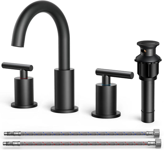 FORIOUS Bathroom Faucets 3 Hole, Matte Black Bathroom Sink Faucet 3 Hole Vanity with 360° Swivel Spout, Suitable for 8 Inch Widespread Sink with Metal Pop-up Drain and cUPC Supply Line, Commercial
