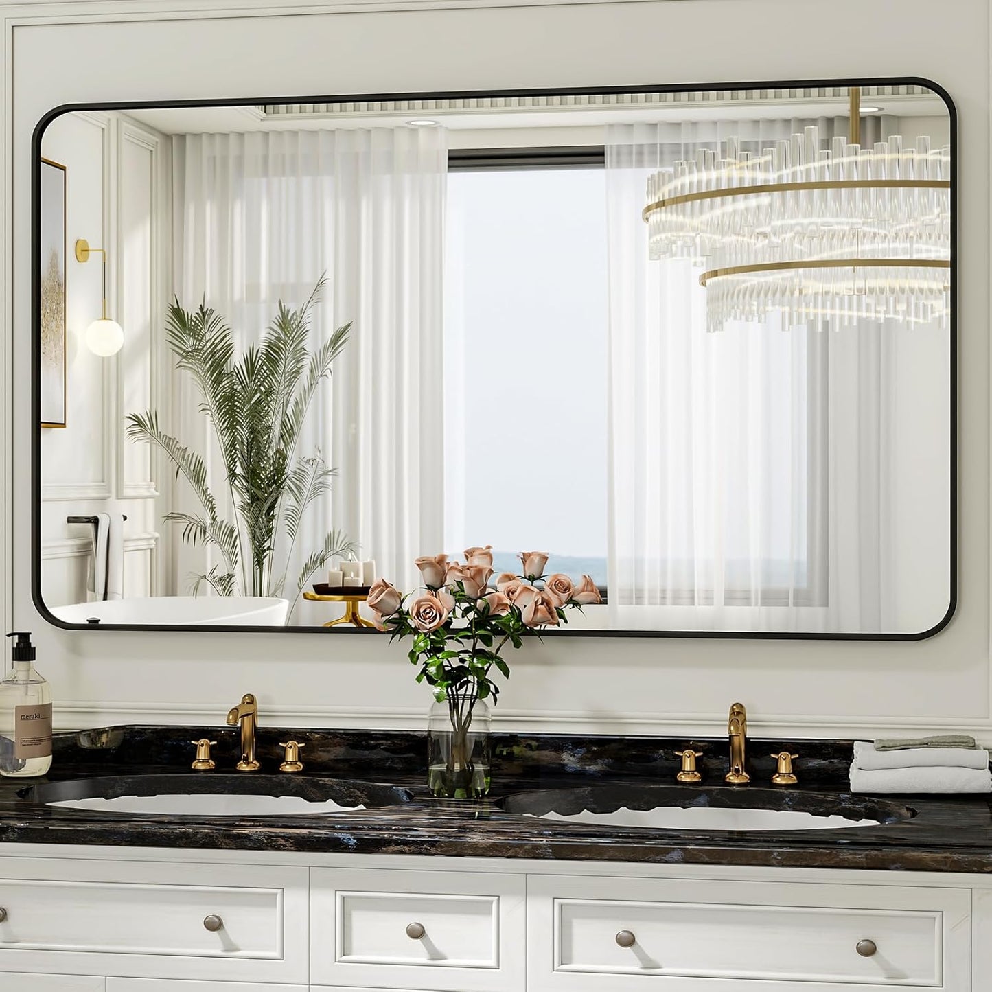 30 x 48 Inch Bathroom Mirror, Rounded Rectangular Vanity Mirror for Wall, Modern Mirror for Room Decor, Black Framed Wall-Mounted Mirrors for Home Decor, Hangs Horizontally or Vertically
