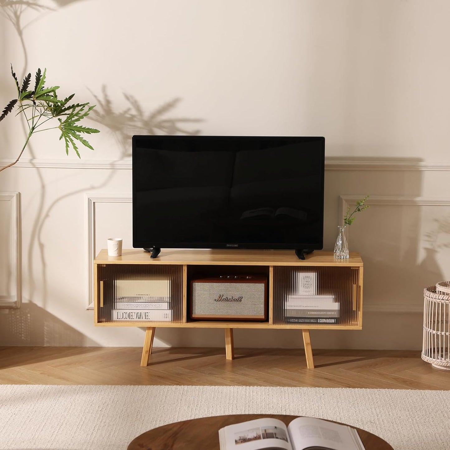 Bamboo TV Stand Entertainment Center- Mid-Century Modern Television Stand for 50 inch TVs, Bamboo Media Console Table, Open Storage Shelves for Living Room, Bedroom and Home Decor