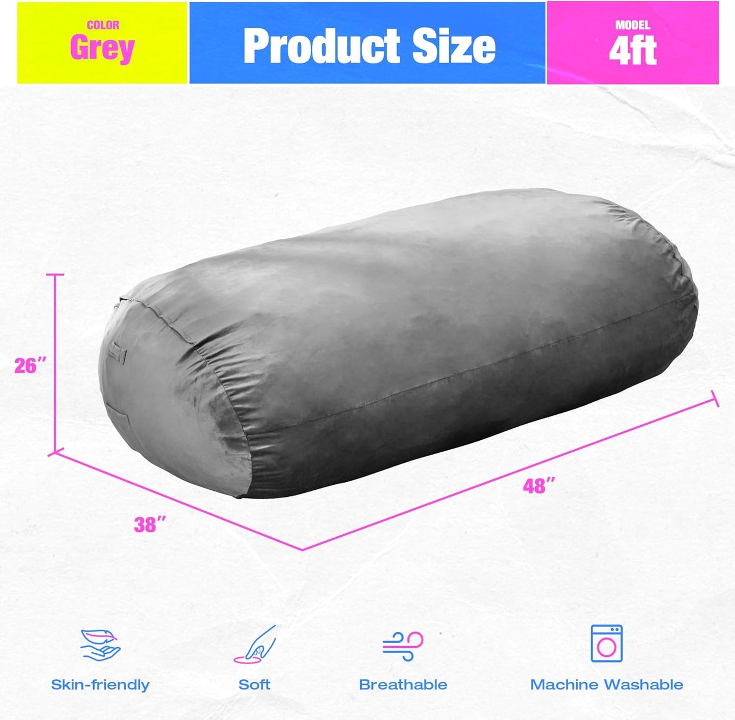 Hobestluk 4FT Bean Bag Chair Large Beanbag with Removable Cover Adult Bean Bag Chair with Portable Handle Desgin for Living Room Bedroom (Grey, 4FT)