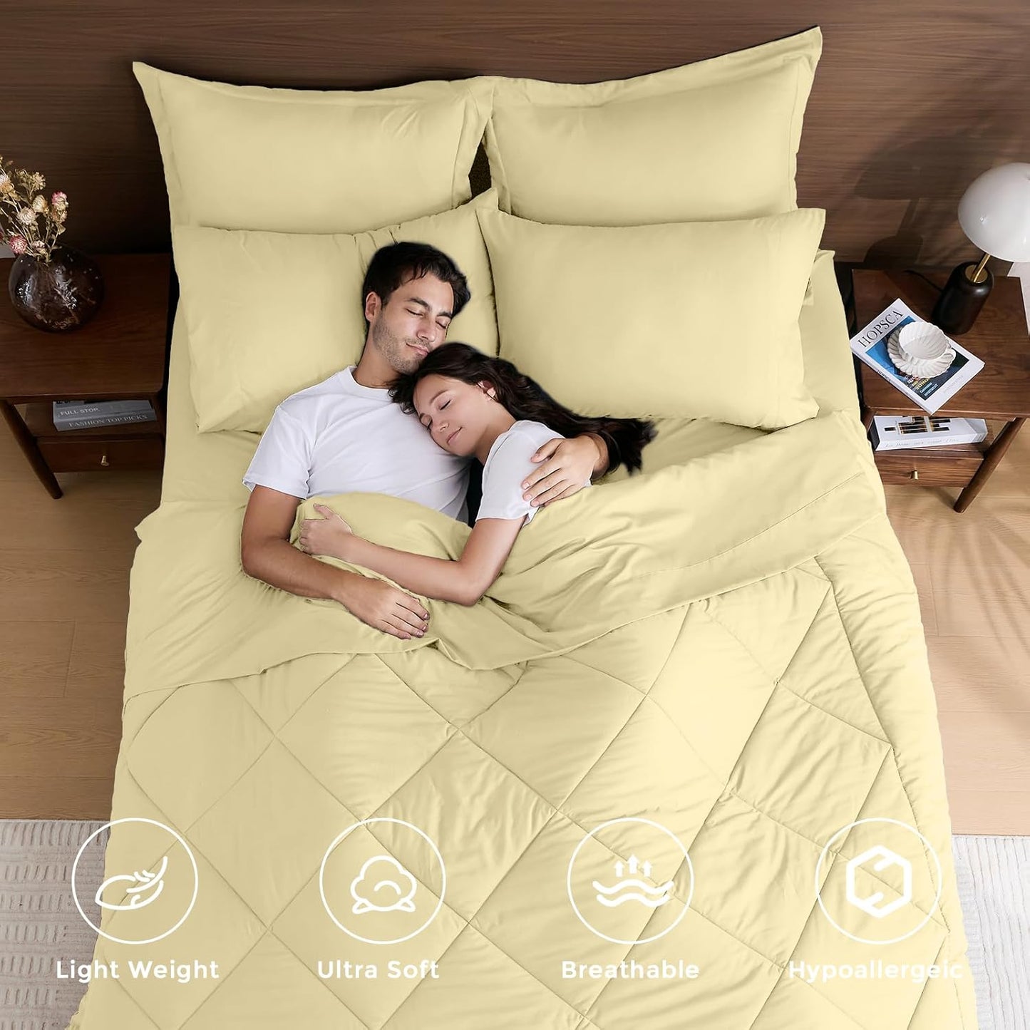 HEVUMYI Cream Yellow King Comforter Set - 7-Piece All Season Bed in a Bag King, Ultra Soft Bedding Set with Comforter, Flat Sheet, Fitted Sheet, Pillowcases, Pillow Shams