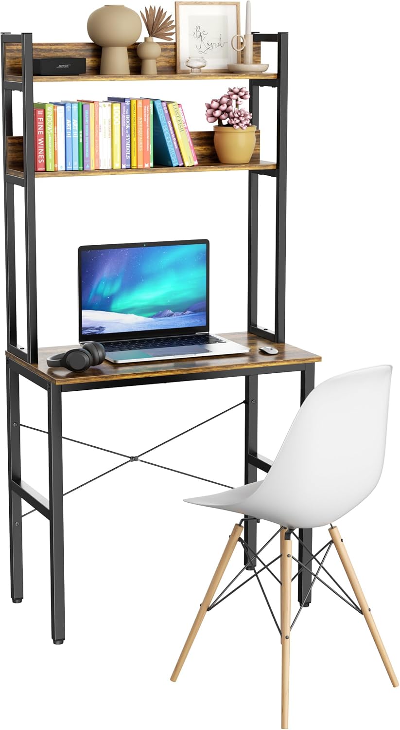 Aquzee 31 Inch Desk Hutch, Teen Desk with Shelves, Study Desks with Storage, Computer Desks for Small Spaces, Kids, Student, Space Saving, Easy Assemble, Rustic Brown