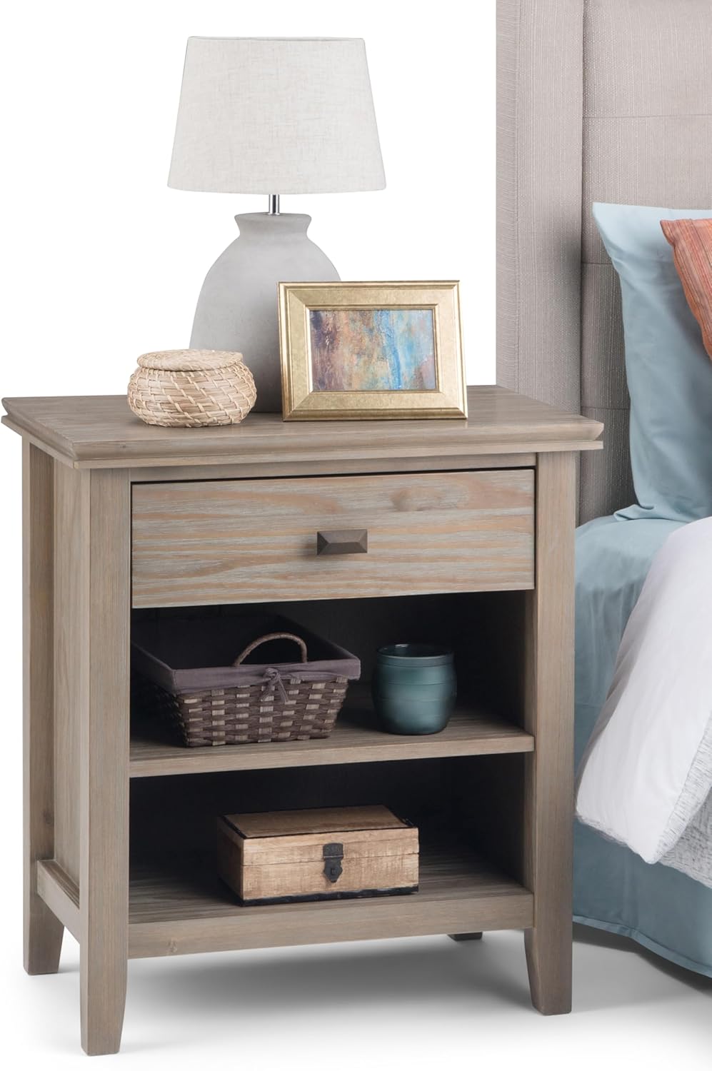 SIMPLIHOME Artisan SOLID WOOD 24 inch Wide Transitional Bedside Nightstand Table in Distressed Grey for the Living Room and Bedroom