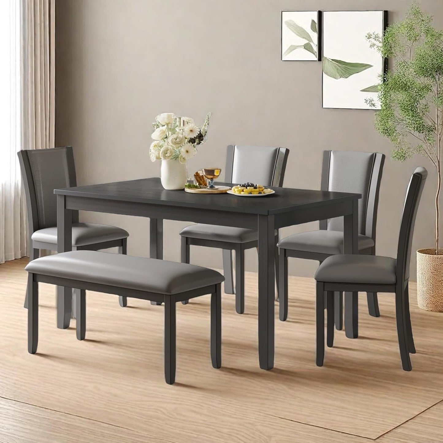 Dining Table Set for 5, 6-Piece Kitchen Table & Chairs Set with Rectangular Table, Bench & 4 Upholstered Chairs, 58'' Dinner Set with Rubber Wood Legs & Curved Backrest for Kitchen, Gray
