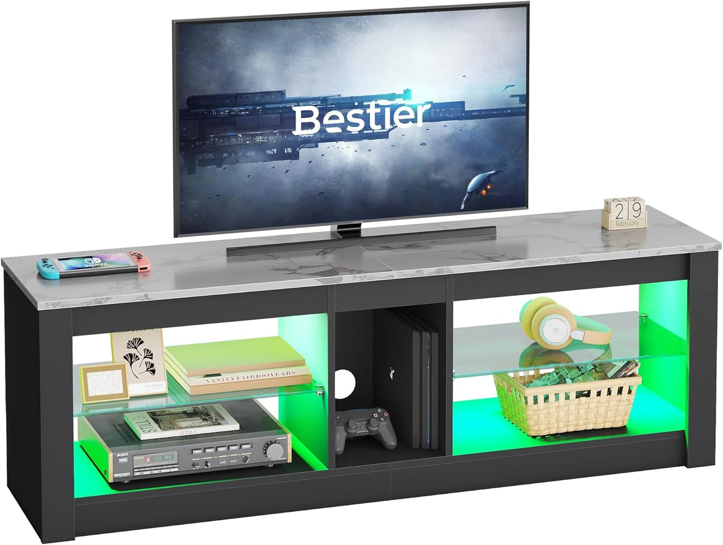 Bestier White Marble TV Stand LED Entertainment Center Gaming TV Stand for 55 Inch TV RGB Television Stand with 2 Adjustable Glass Shelves Xbox PS4 Game Console Cabinet for Living Room