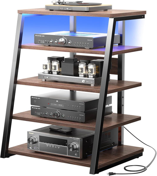 armocity 5-Tier AV Media Stand with Power Strips, Media Console with LED Lights, Audio Tower Rack with Adjustable Shelves, Stereo Stands and Racks, 40.8'', Black Walnut