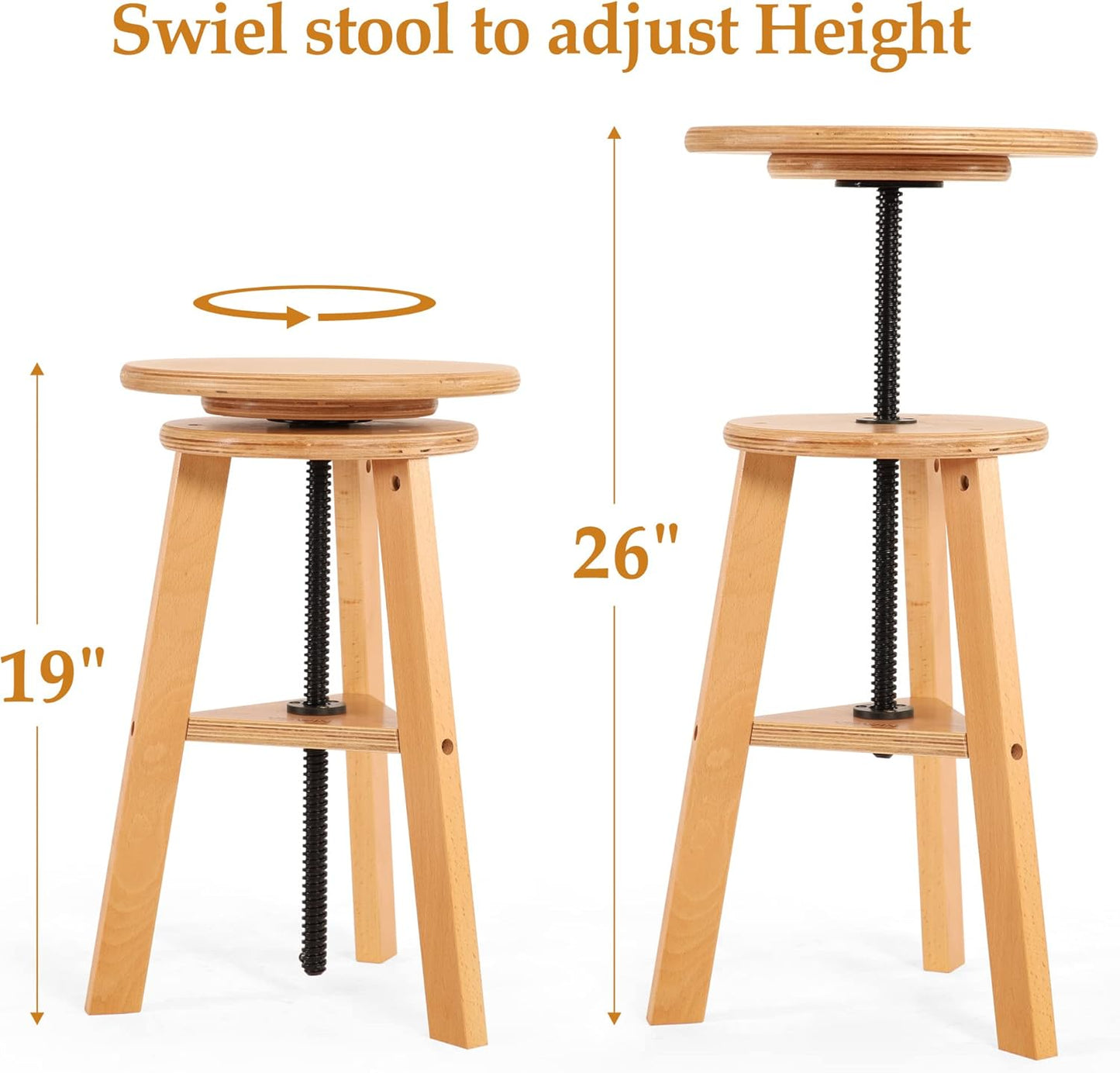 VISWIN Adjustable Drafting Stool for Artists & Adults, 19"-26" Height Solid Beech Wood Art Stool for Studio, Swivel Drafting Chair for Drawing, Home Use, Office, Kitchen
