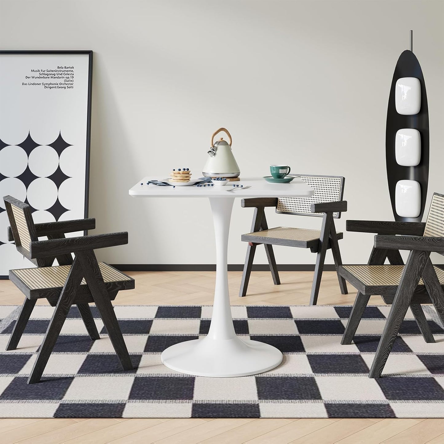 White Square Tulip Table for 2 Person, 24 Inch Small Dining Table with Metal Pedestal Base for Kitchen, Mid Century Modern Table with Round Corners for Living Room, Cafe, Office, Pub, Bar, Bistro