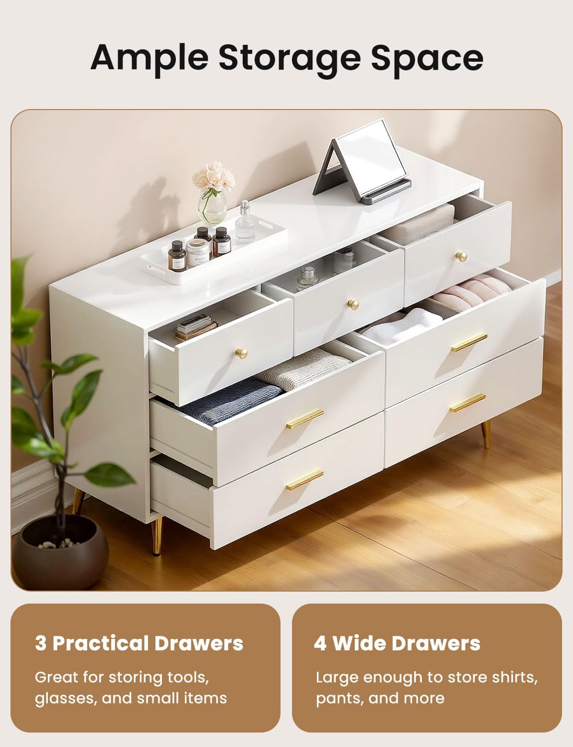 7 Drawer Dresser for Bedroom - White & Gold Chest of Drawers, High Gloss MDF Organizer Storage with Drawers with Golden Handles, Wide Storage Dresser for Bedroom