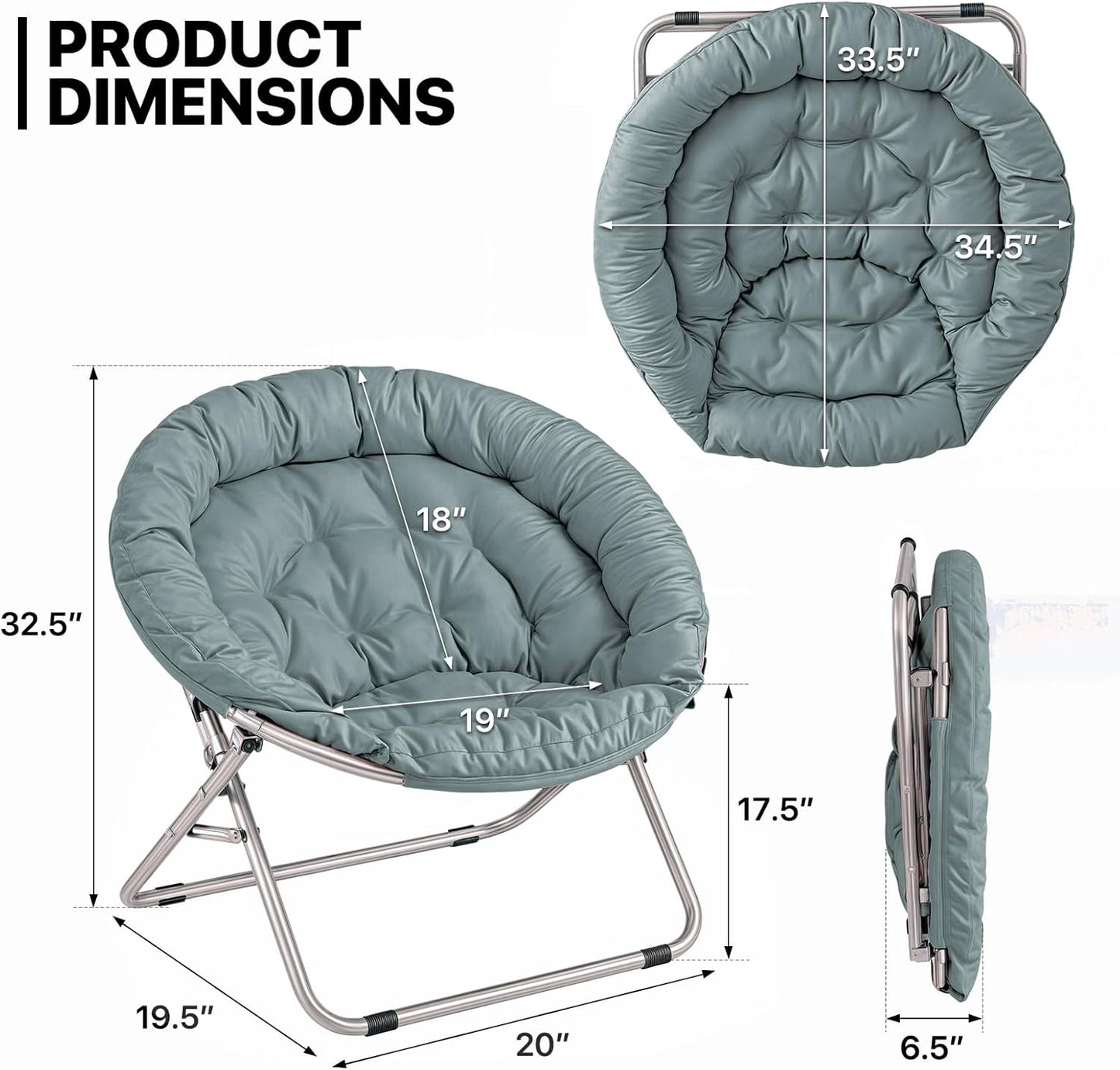 MoNiBloom Round Folding Saucer Chair for Bedroom Living Room Dorm Foldable Metal Frame Comfy Soft Lounge Lazy Cozy Moon Chair for Teens (Teal)