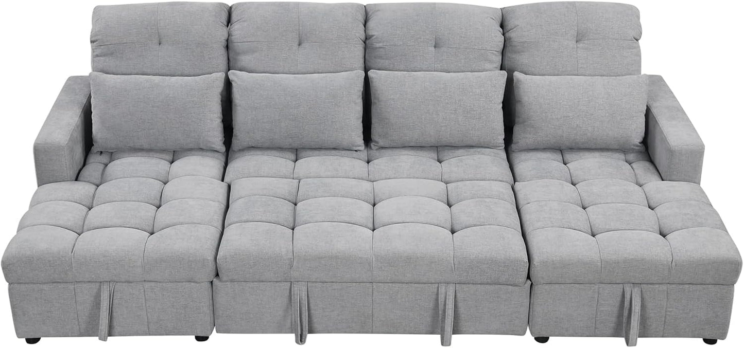 Ball & Cast 110.2" Oversized Versatile Sectional Sleep Sofa with Two USB Ports,U-Shape 4 Seat Pull-Out Couch w/Double Storage Chaise Lounges,for Living Room,Apartment,Office,Gray