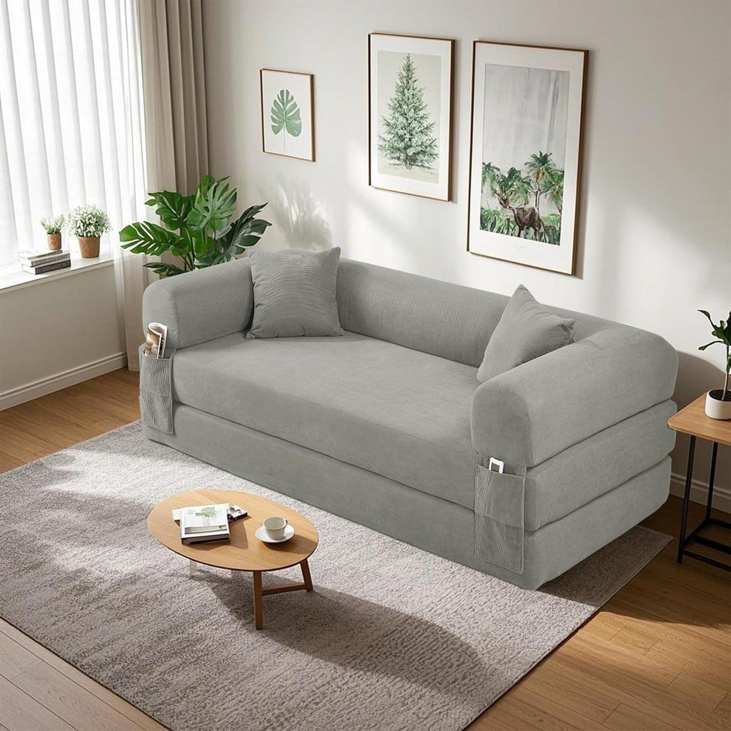80" Convertible Sofa Bed, Corduroy Deep Seat Folding Pull Out Couch with Pillows, No Assembly Modern Boneless Couch Compression Sofa in Box, Floor Sofa with Storage Pocket for Living Room,Light grey