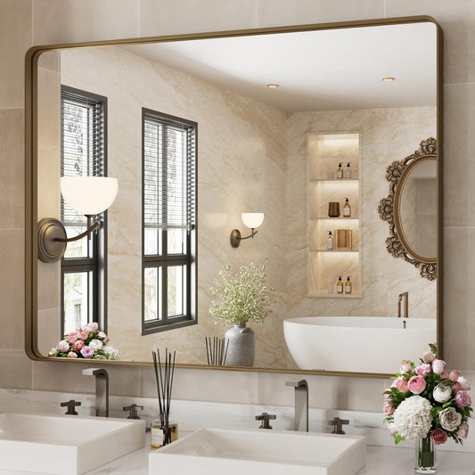 WEER Bronze Bathroom Mirror 48x36 Inch, Farmhouse Oil Rubbed Bronze Mirror for Wall, Aluminum Alloy Brushed Bronze Metal Frame Mirror for Vanity, Tempered Glass, Anti-Rust (Horizontal/Vertical)