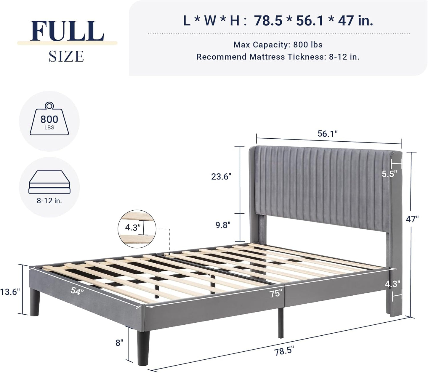 Allewie Full Size Velvet Bed Frame/Vertical Channel Tufted Wingback Headboard/Upholstered Platform Bed/Strong Wooden Slats/No Box Spring Needed/Easy Assembly/Grey