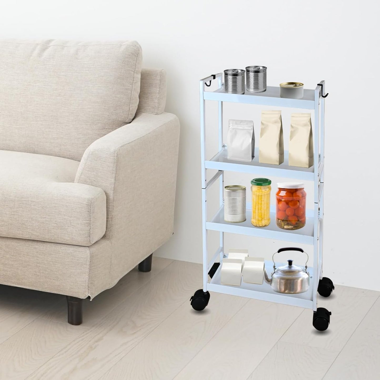 Beyeutao 4 Tier Slim Storage Cart with Wheels White Rolling Utility Cart Bathroom Storage Organizer Narrow Storage Cabinet for Kitchen, Bedroom, Laundry Room, Bathroom