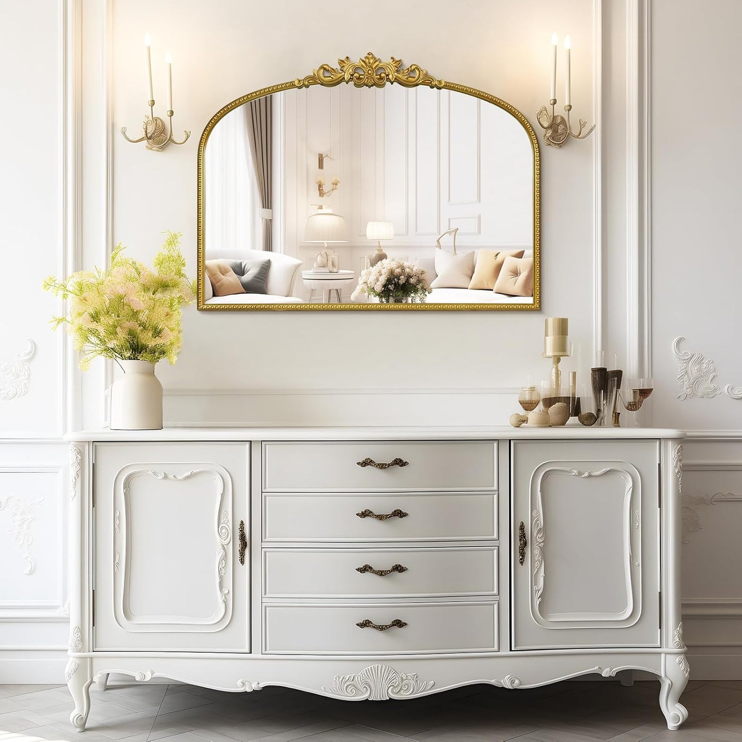 WallBeyond Gold Vintage Mirror - 32x24 Inch, Arched Antique Mirror with Ornate Frame for Bathroom, Living Room, Fireplace, Entryway