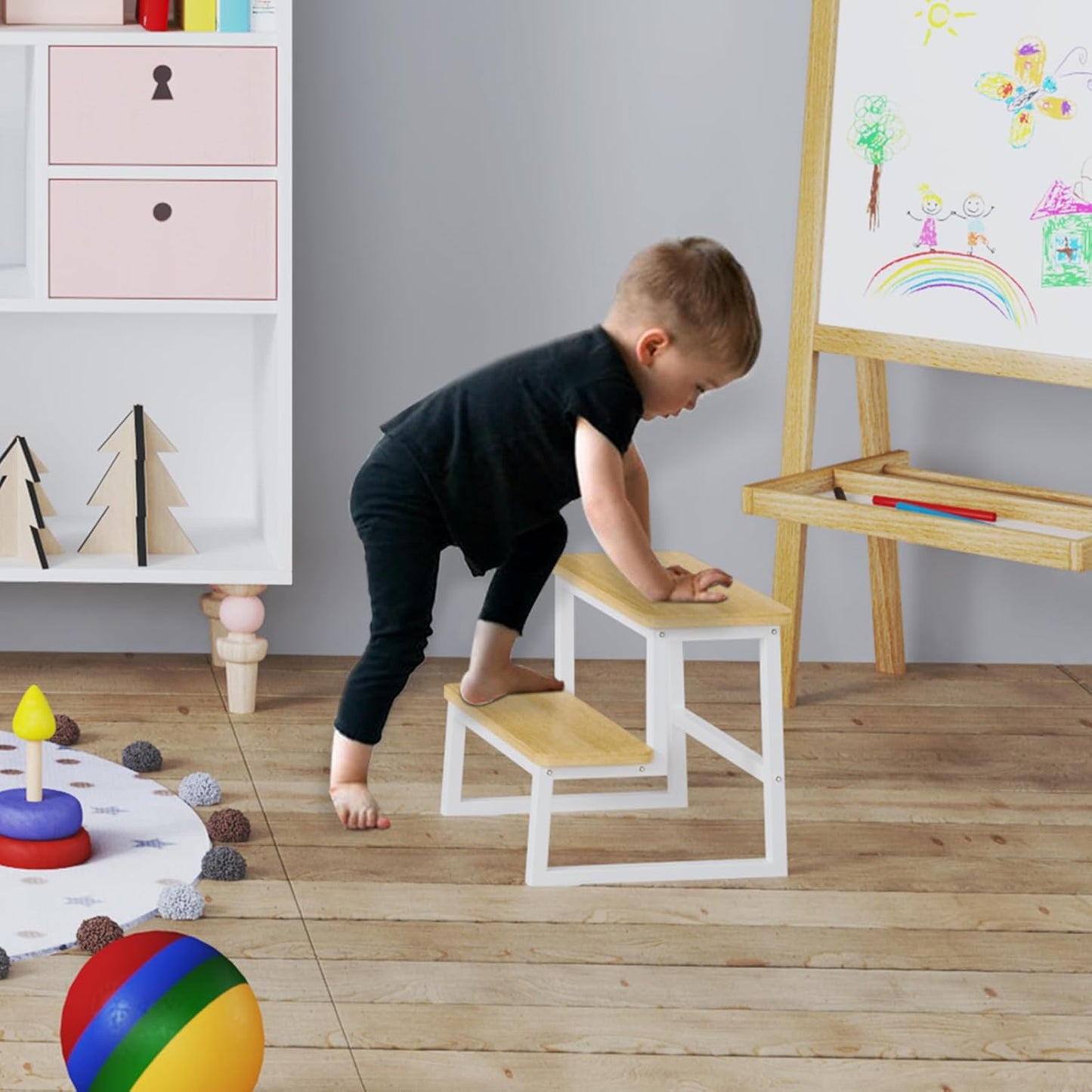 Step Stool for Adults & Kids,Holds up to 500Lbs,Heavy Duty Sturdy Steping Stool for Kichen/Bathroom/High beds, Wooden&Metal Frame, Non-Slip Rubber Pads