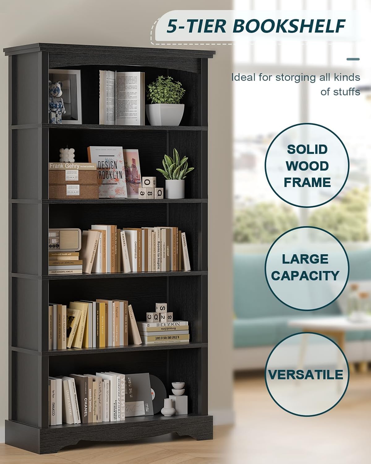 TVU 5 Tier Bookcase and Bookshelf, Wood 65 Inch Tall Bookshelf with Storage, Floor Standing Display Book Shelf for Living Room, Office, Study Room, Entryway, Black