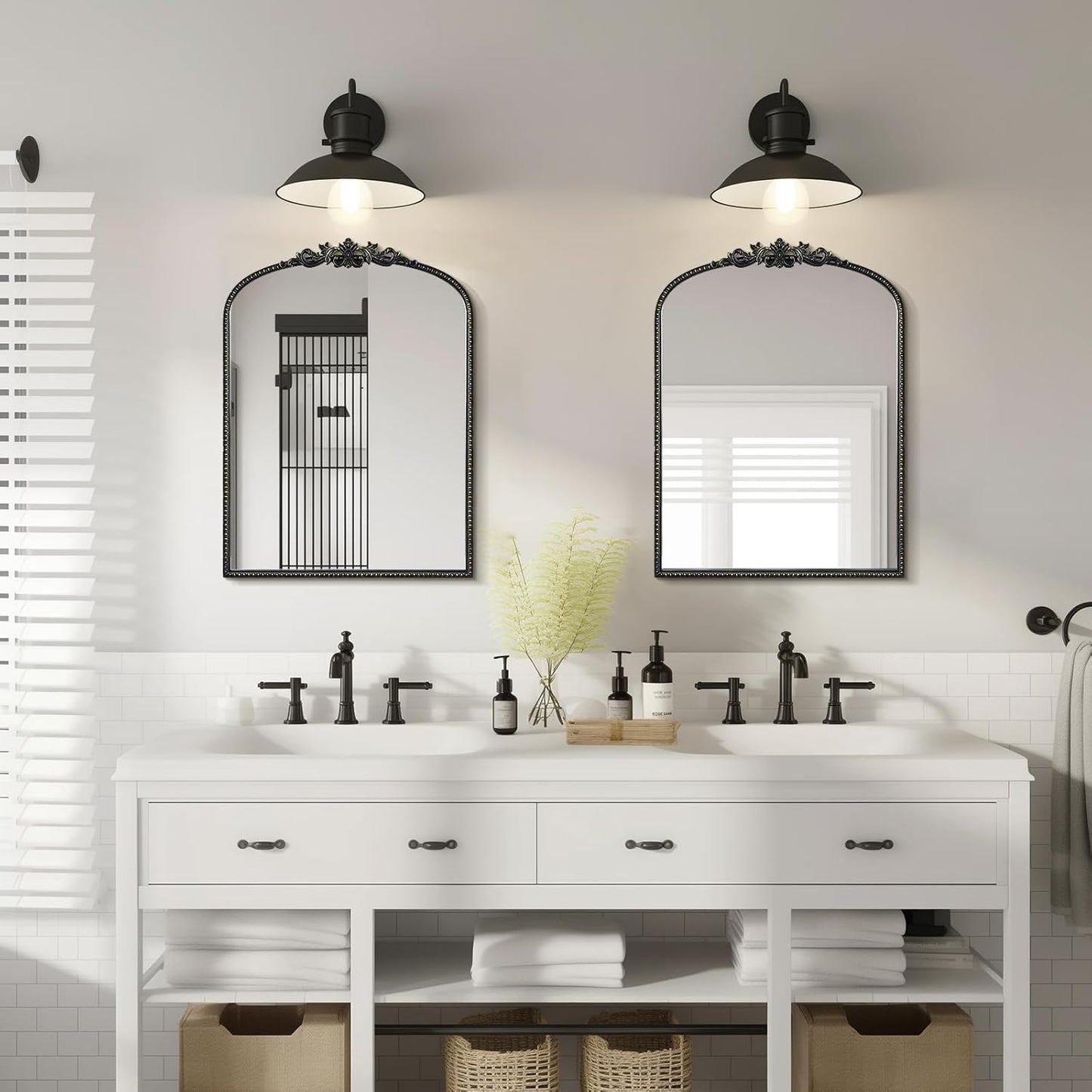 WallBeyond Gold Vintage Mirror for Vanity 22x30 Inch, Black Antique Mirror with Ornate Frame, Arched Vintage Wall Mirror for Bathroom, Living Room, Fireplace, Entryway