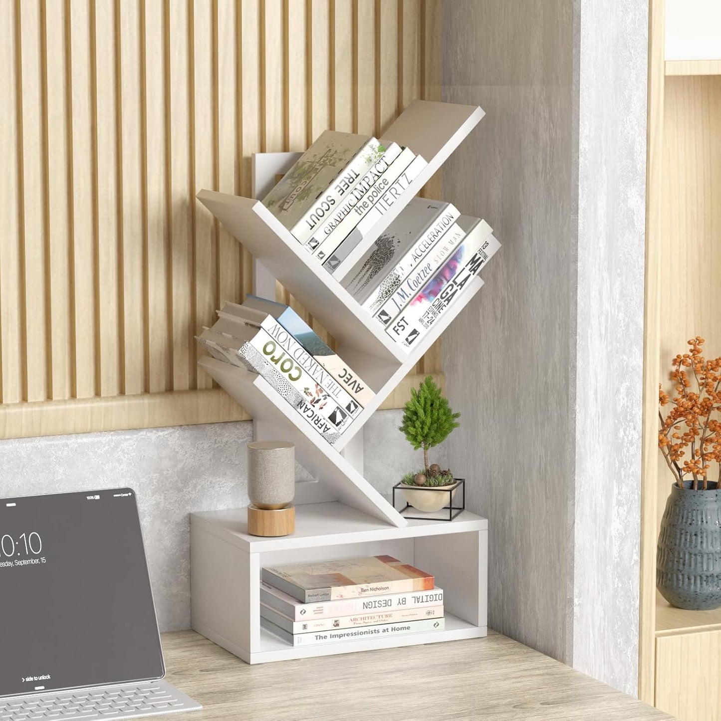 Small Tree Book Shelf,5 Tier Black Tree Bookshelf,White Desktop Bookcase,Modern Desk Display Storage Bookshelves,Floor Standing Organizer Bookcases for Living Room,Bedroom,Office