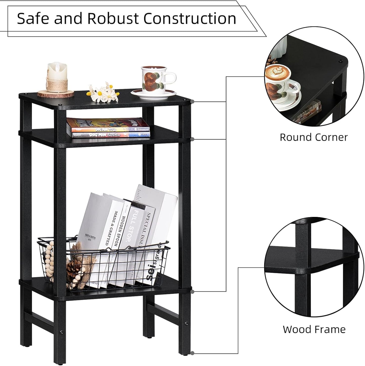 28in Tall Side Table Set of 2, 3-Tier Small Narrow End Table for Couch, Skinny Nightstand for Small Space, Farmhouse Slim Night Stand with Storage, Wooden Frame Thin Bedside Table, Black